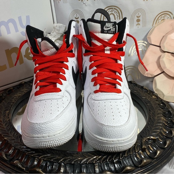 Air Force Ones Nike White and Black Athletic Shoes with Red Accents main image 12